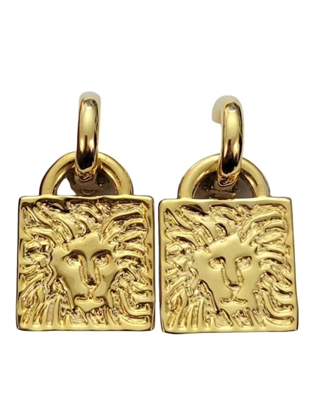Anne Klein Gold-Tone Hoop Square Signature Lion Head Jacket Clip Earrings E965